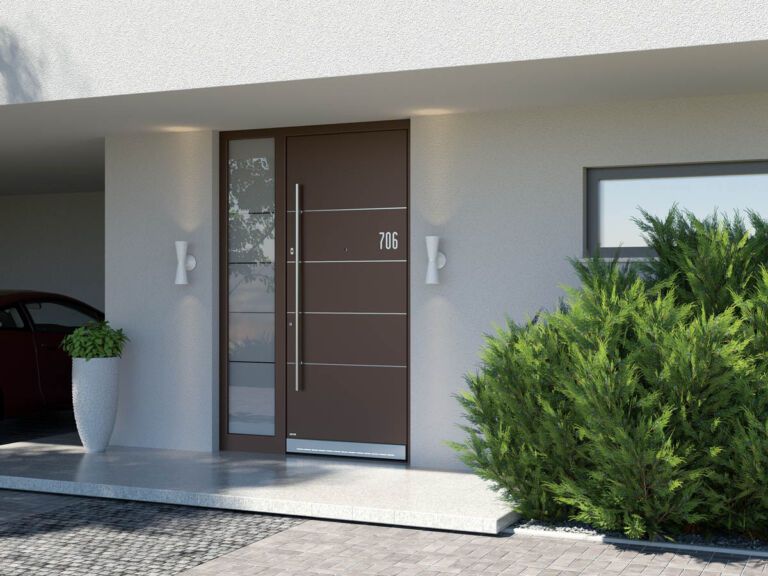 Das Bild zeigt ein Referenzbild einer modernen Haustür eines Kunden aus Paderborn, der seine Haustür bei Kruse Türen und Böden in Brilon gekauft hat.