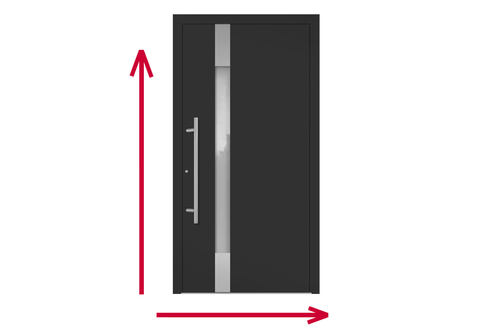 Das Bild zeigt eine Haustür mit einem Pfeil zur Höhe und einen zur Breite der Türe.