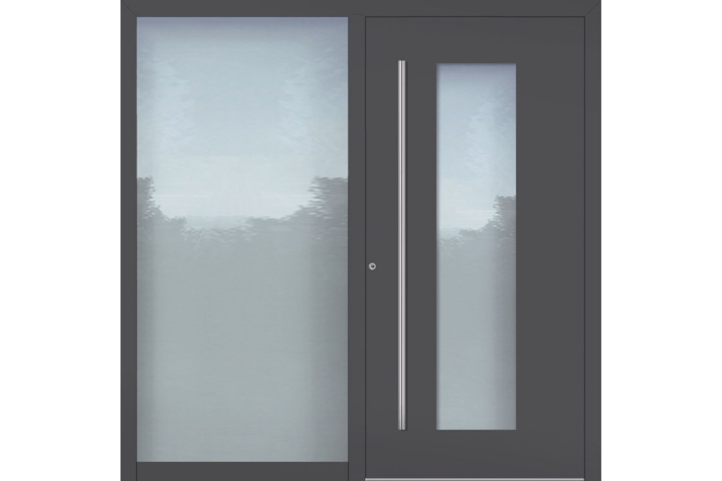 Das Bild zeigt eine Haustür mit einem breiten Seitenteil - mehr Haustüren in der Haustüren-Ausstellung in Brilon