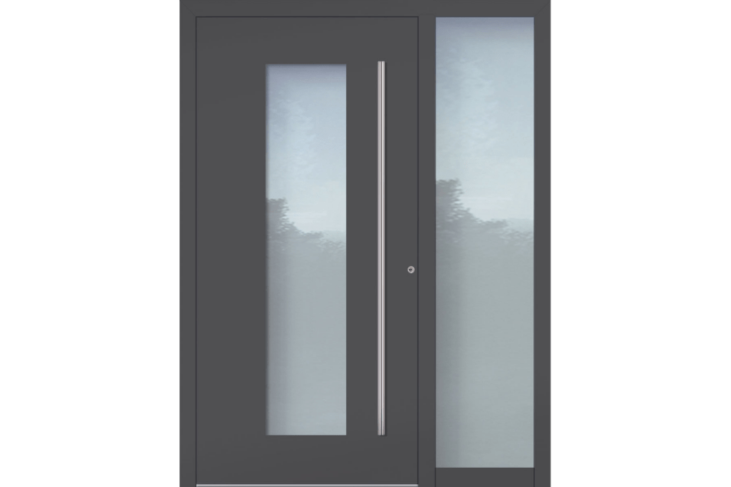Das Bild zeigt eine Haustür mit einem schmalen Seitenteil - mehr Haustüren in der Haustüren-Ausstellung in Brilon